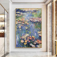 Grande toile abstraite moderne aux nénupharas de Monet, peinture à l'huile 100% réelle, faite à la main, encadrée, décoration murale, art à suspendre, cadeau