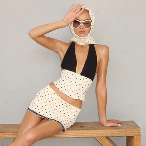 White Knitted Polka Dot Breathable Halter Tank <b>Top</b> Deep V Neck Sleeveless Short <b>Crop</b> for Summer Party Club - Product Image 6