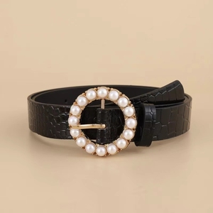 Cinturón de vestir vaquero con hebilla de Metal con incrustaciones de perlas de diseño Simple elegante para mujer con hebilla de Material de aleación - Product Image 1