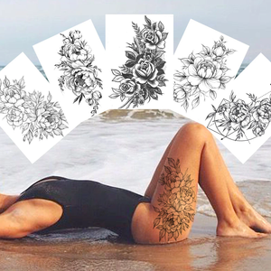 Noir <span class=keywords><strong>3D</strong></span> Rose <span class=keywords><strong>tatouage</strong></span> temporaire pour femmes filles adulte pivoine Dahlia fleur tatouages autocollant noir flore gloire géométrique bras TatToos - Product Image 1