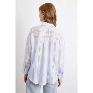 Camisa de Organza a Rayas Azul, Blusa Informal para Mujer, Translúcida, para Uso Diario - Product Image 1