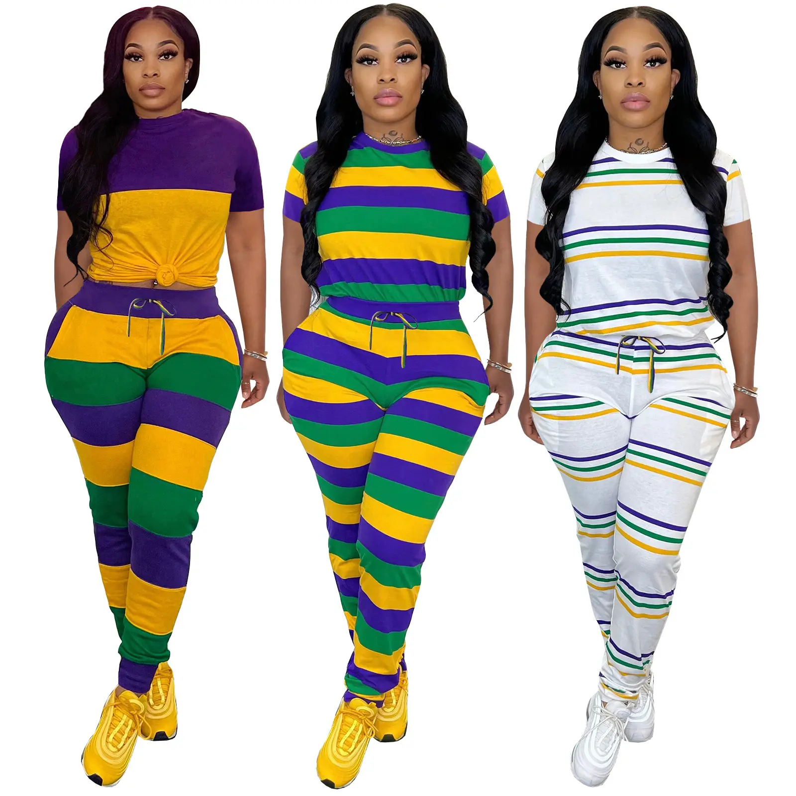 Mardi Gras Set Women Striped T-shirt with Pants Cotton Sweat-absorbing Round Neck Short Sleeve Top Leggings 2pcs Holiday Outfits