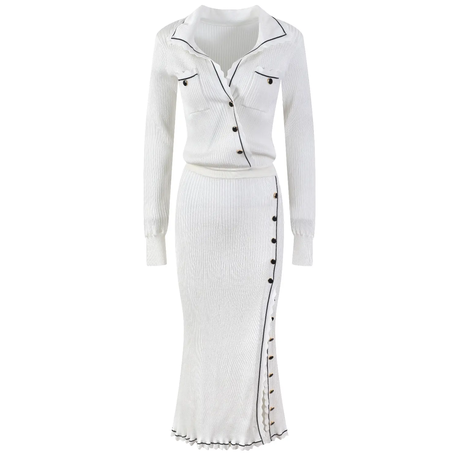 2023 Spring Lady Vintage Designed Turn-down Collar Long Sleeve Single-breasted Stitching Slim Fitted Women Midi Dress