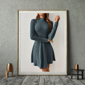 Wholesale Solid Color Simple Natural Autumn Elegant Knit Bodycon <b>Dresses</b> Long Sleeve Half High Neck for Women - Product Image 3