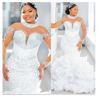 Robes de mariée sirène 2026 avec strass, manches longues, style africain, grande taille, col illusion, robe de mariée sirène
