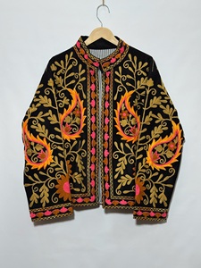 <b>Women</b>’s Black Floral Embroidered <b>Jacket</b> Handmade Indian Suzani Style Ethnic <b>Jacket</b> Multicolor Thread Work Stand Collar <b>Jacket</b> - Product Image 1