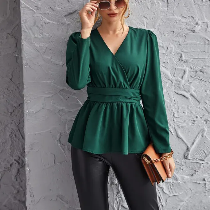 Peplum-Blusa de manga larga con escote en V para primavera y otoño, camisa elástica con dobladillo y volantes para mujer