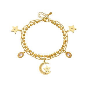 Star <b>Moon</b> Charm <b>Bracelet</b> Gold Plated Zinc Alloy Double Layer Pendant Jewelry Gift - Product Image 5