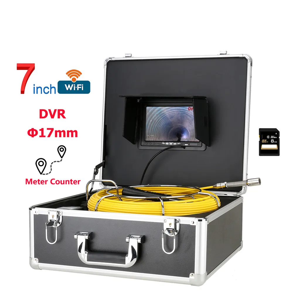 7" Monitor Wifi 20M-50M Sewer Pipe Inspection Video Camera 17mm 8GB SD Card DVR IP68 Drain Sewer Pipeline Industrial Endoscope