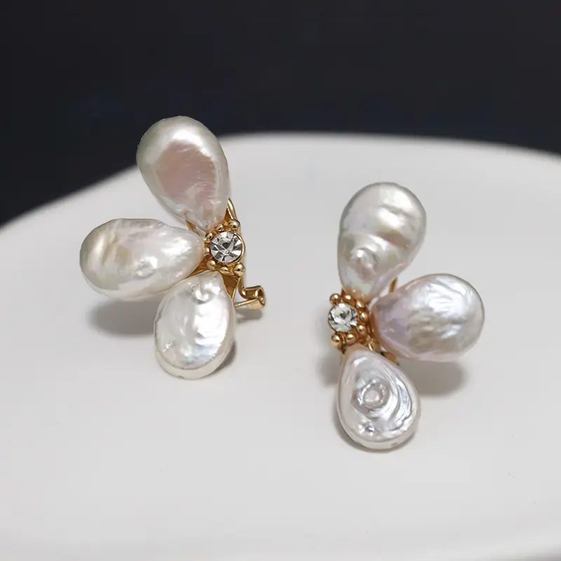 Baroque Style Earrings Fresh Water Pearl Beads Earrings Gemstone Flower Stud Earrings Women
