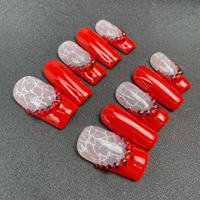 Vente en gros d'usine, faux ongles faits à la main de haute qualité, style cercueil rouge, brillants, style français, réutilisables