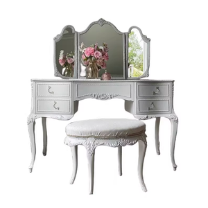 Elegante Juego de <span class=keywords><strong>Tocador</strong></span> de Madera Maciza Blanca Estilo Provincial Francés con Espejo a Juego y <span class=keywords><strong>Taburete</strong></span> Tapizado - Product Image 2