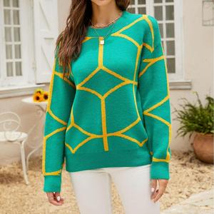 Nouveau <span class=keywords><strong>pull</strong></span> décontracté pour femmes grandes tailles, col rond, avec motif lignes et logo frontal - Product Image 3
