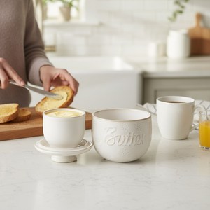 Ceramic Butter Dish <b>with</b> <b>Lid</b> Speckled Porcelain Serve <b>Bowl</b> Kitchen Counter Container - Product Image 3