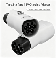 Adaptateur de charge pour véhicules électriques triphasé 32A Type 2 vers GBT avec protection IP55, prise de sortie et connecteurs à clipser