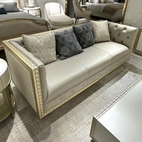 Ensemble de canapés en bois massif de luxe pour salon d'appartement, style traditionnel arabe turc, canapé en cuir finition dorée, meubles haut de gamme