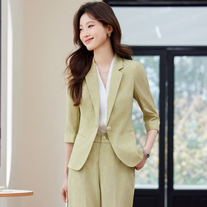 Women's Grey Three Quarter Sleeve Blazer Suit Set With Wide Leg Pants Summer Office Lady Breathable Polyester Fabric - Product Image 5