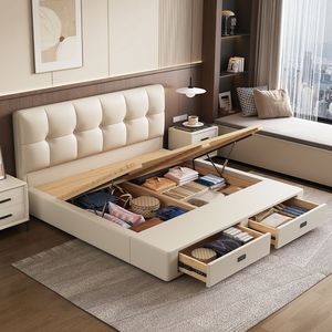 Hiện Đại Giường Đôi Với Lưu Trữ Nữ Hoàng Và Vua Kích Thước Giường Gỗ Đa Chức Năng Da Lưu Trữ Giường Với Bàn Tủ - Product Image 2