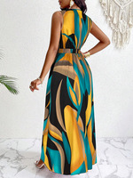 Produsen Joydressing Gaun Maxi Wanita Bahan Polyester Logo Kustom Cetak Abstrak V Neck Pinggang Tinggi MOQ Rendah Grosir