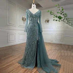 Abito da sera a maniche lunghe Meramid elegante <span class=keywords><strong>e</strong></span> <span class=keywords><strong>sereno</strong></span> turchese collina alta Modulare con perline per festa LA71793A su misura - Product Image 2