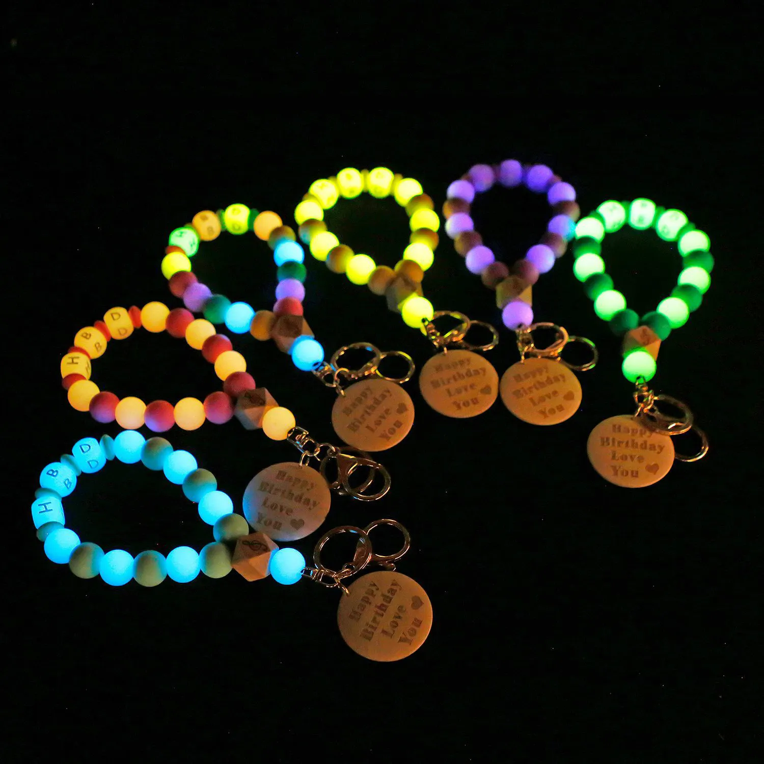 wrist straps Luminous silicone beaded wristlet keychain Bracelet Key chains Glow in The Dark Party Bar Birthday Supply