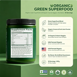 Poudre <span class=keywords><strong>de</strong></span> superaliments verts biologiques en marque blanche OEM, 24 fruits et légumes, sans stévia, complément végétalien, 207g, 30 portions - Product Image 2
