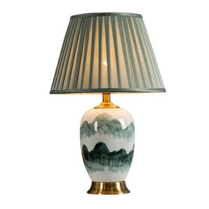 손 그림 도매 녹색 재 디자인 골동품 패브릭 그늘 럭셔리 라운드 세라믹 테이블 램프 그늘 - Product Image 5