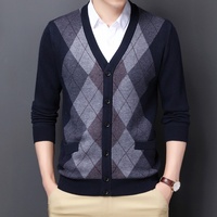 Cardigan en tricot jacquard à col en V pour homme, à boutons, manches longues, deux poches latérales, coupe classique, pour le travail, automne-hiver, pull chaud