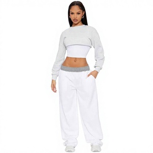 Women's 2 Piece Casual Set <b>White</b> <b>Cropped</b> Sweater <b>With</b> <b>Long</b> Pants Loose Fit Full <b>Sleeve</b> Crew Neck Solid Color Knitted Cotton - Product Image 1