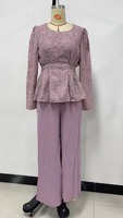 RO9281 Ensemble de vêtements islamiques élégants pour l'automne, couleur unie, dentelle, manches longues, chemisier à volants, pantalon ample, tenue modeste pour femmes, ensemble de fête ou de bureau