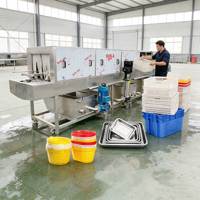 Commerciële droog-, desinfectie- en wasmachine voor plastic bakken, trays, dozen en pallets voor restaurants en keukens.