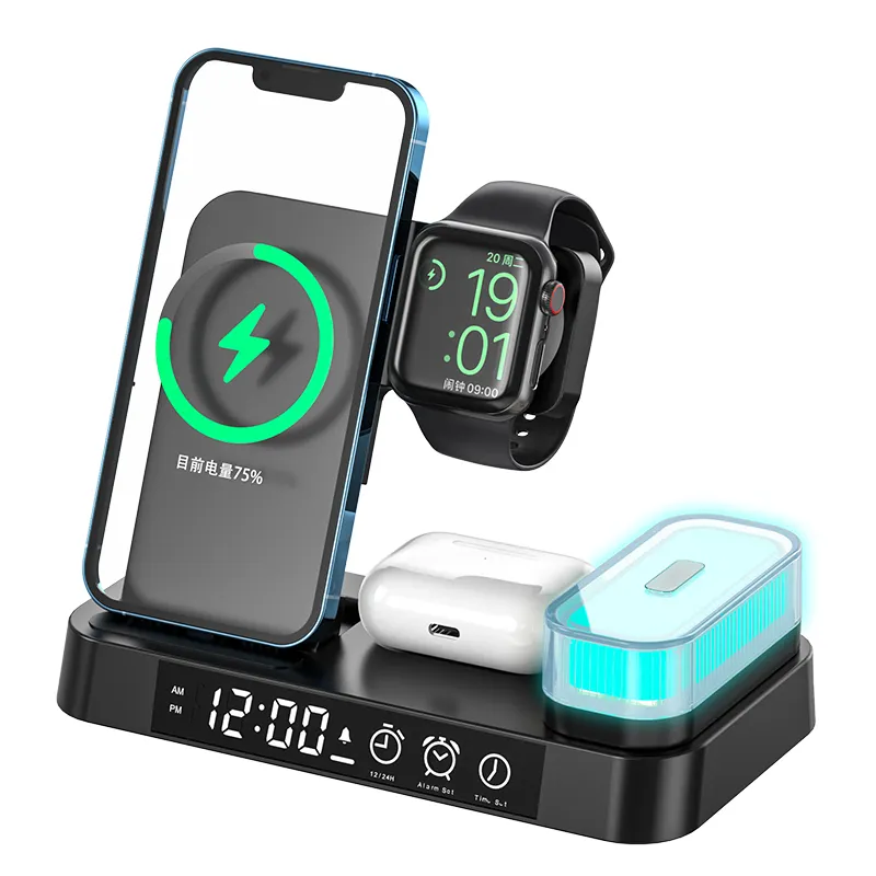 डिजिटल घड़ी डॉक 15W तेजी से Foldable 1 में 4 वायरलेस चार्जर फोन चार्ज स्टेशन के लिए स्मार्ट फोन घड़ी Airpod