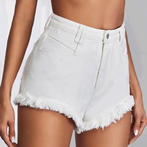 Venta barata, pantalones vaqueros elegantes de verano para mujer, pantalones cortos sexis de cintura alta ajustados con borlas y dobladillo, tela de Color inelástica, pantalones cortos de mezclilla para mujer en Stock - Product Image 3
