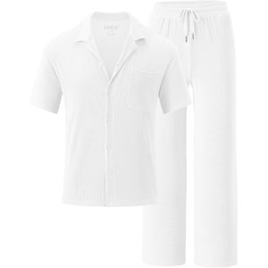Ensemble 2 pièces décontracté pour homme FOXA – Chemise boutonnée à manches courtes et pantalon ample texturé rayé – Tenue de sport et de marche - Product Image 6