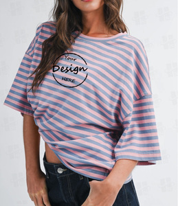 T-<span class=keywords><strong>shirt</strong></span> rayé surdimensionné en coton de haute qualité 180 GSM pour <span class=keywords><strong>femme</strong></span>, personnalisable avec broderie, vente en gros - Product Image 4
