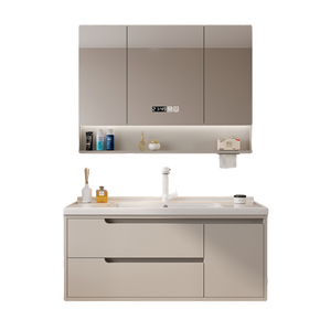 Armadietto da bagno in crema stile moderno con lavabo integrato in ceramica lavabo lacca porta pannello di trattamento superficiale per uso alberghiero - Product Image 1