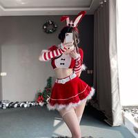 Costume de cosplay de Noël pour femmes, tenue de Père Noël en peluche rouge, ensemble deux pièces composé d'un haut court et d'une mini-jupe, lingerie de fête