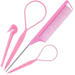 4pack Hair Loop Tool Set With 2pcs French Braid Tool Loop 1pcs Elastic Hair Rubber Bands Remover Cutter 1pcs Rat Tail Comb Metal