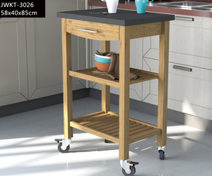 Bar mobile personnalisé Chariot de cuisine de rangement en bois de pin naturel avec plateau en carreaux Chariot de cuisine avec roues - Product Image 3