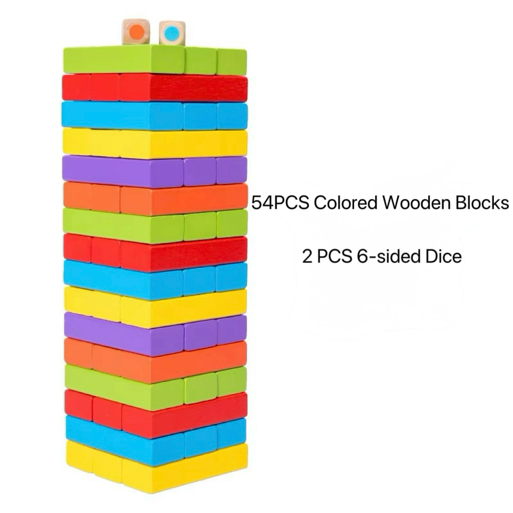 Jenga colorido de 54 piezas + 2 dados coloridos