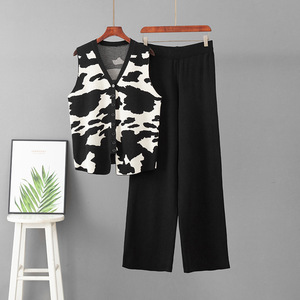 2026 Summer Casual Sleeveless Cardigan Leopard Print <b>Knit</b> <b>Set</b> for Women Loose Slimming Wide-Leg Pants Two-Piece ropa de mujer - Product Image 2