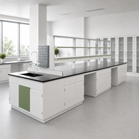 Custom Modular Island Laboratory Bench with Double Sided Reagent Shelves Sink and Movable Storage Cabinets for Chemistry Labs
