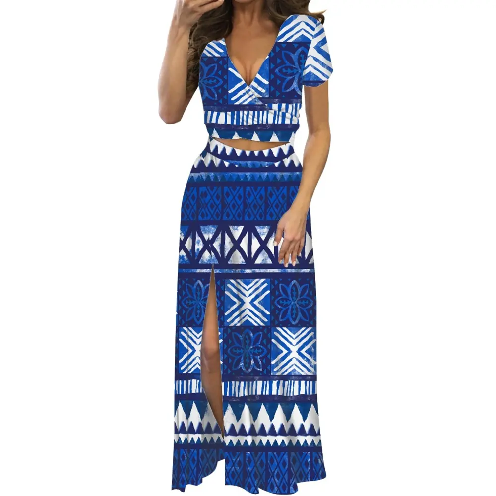 Blue Stripe Dresses Women Sexy Custom Tapa Flower V neck Dress Sets Polynesian Tribal Samoa Fiji Maxi Dress Print On Demand