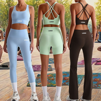 Ensemble 4 pièces Nude en dentelle unie à bretelles croisées, comprenant un legging de yoga taille haute ultra doux effet beurre et un soutien-gorge de sport, respirant et évasé