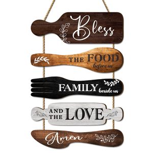 Kitchen Dining Room Wall Art Decor Wooden Hanging Signs Eat Drink Love Spoon Knife and Fork Wooden Tag for Home 5 Pcs Set