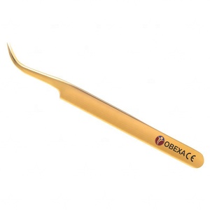 Pince à épiler d'extension de cils en or de marque privée pointes arrondies en titane en acier inoxydable incurvé pour l'application de fibres de cils de volume - Product Image 1