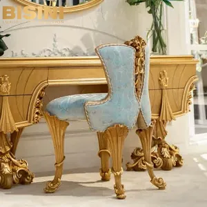 新到法式皇宫卧室贴面梳妆台豪华手工木雕蓝色织物梳妆台椅