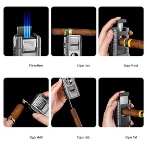 Encendedor de cigarros de antorcha de Metal multifuncional, triple llama de chorro a prueba de viento, cortador de cigarros de corte en V incorporado, soporte para cigarros de diseño clásico - Product Image 4