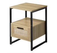 Mesa de Noche de Ratán con un Cajón, Mesa Auxiliar de Madera para Dormitorio, Moderna con Patas de Metal