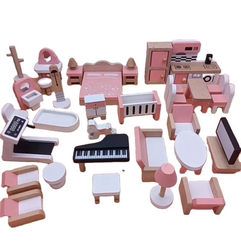 Vendita calda in legno in miniatura casa delle bambole finta cucina camera da letto gioco set Mini mobili in legno per i bambini